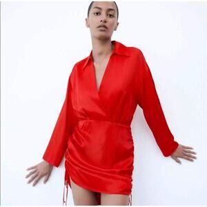 Zara Lipstick Red Satin Finish Mini Dress Adjustable Side Cinching Size‎ XS